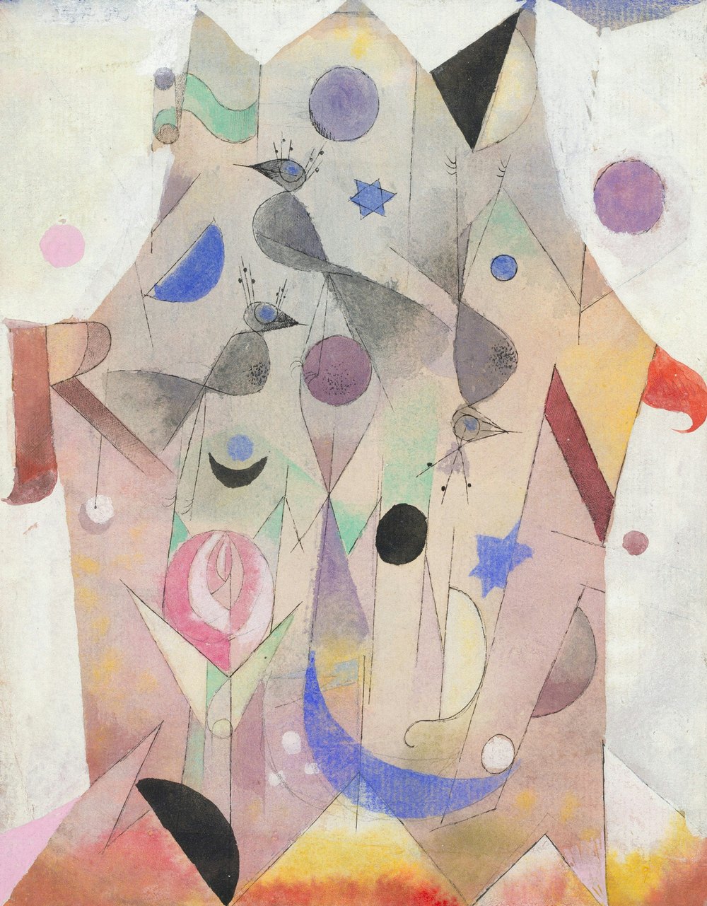 Abstract painting with small bird-like figures, stars and moons