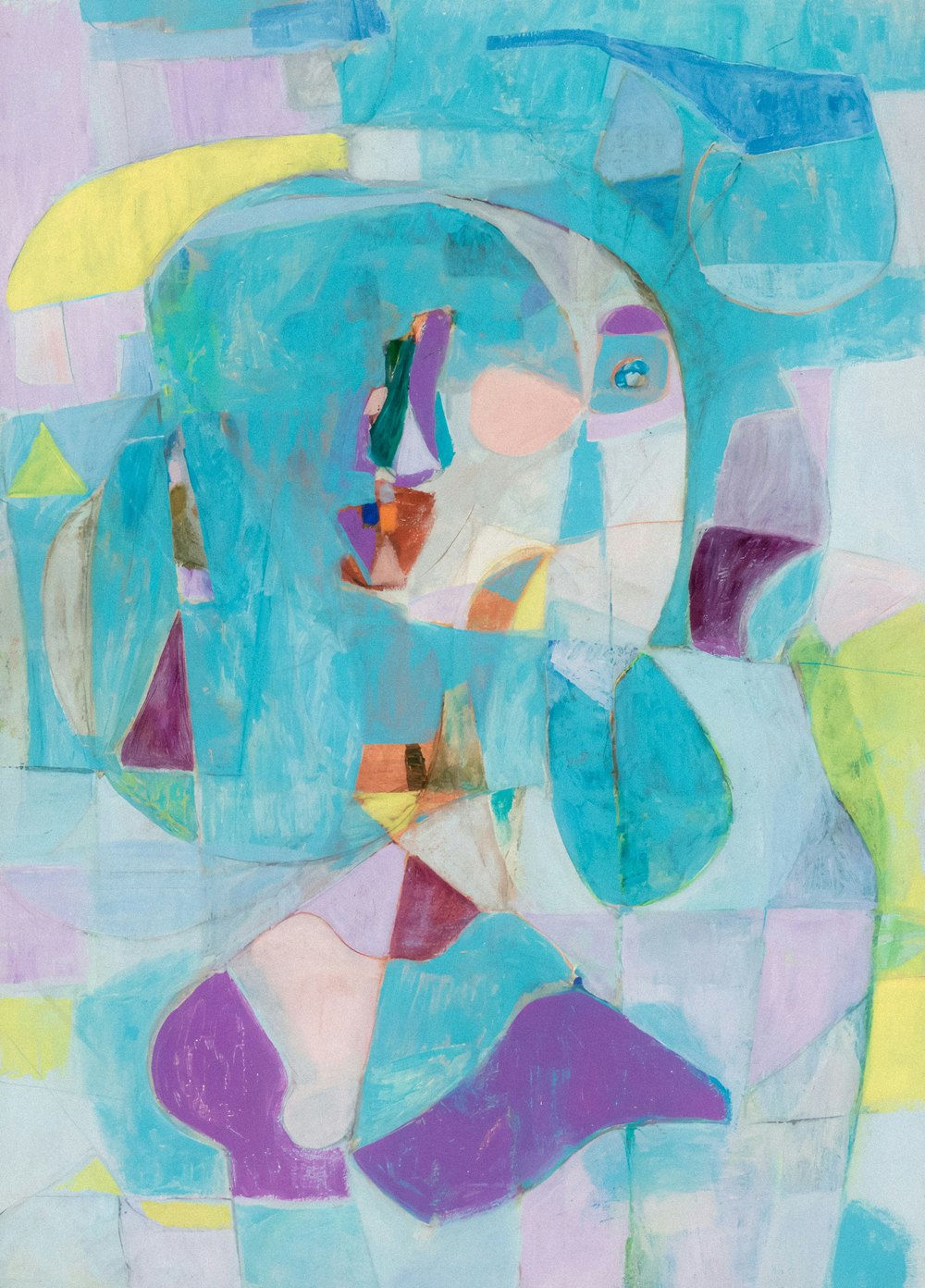 Abstract painting of an inward-looking face, blue and purple tones