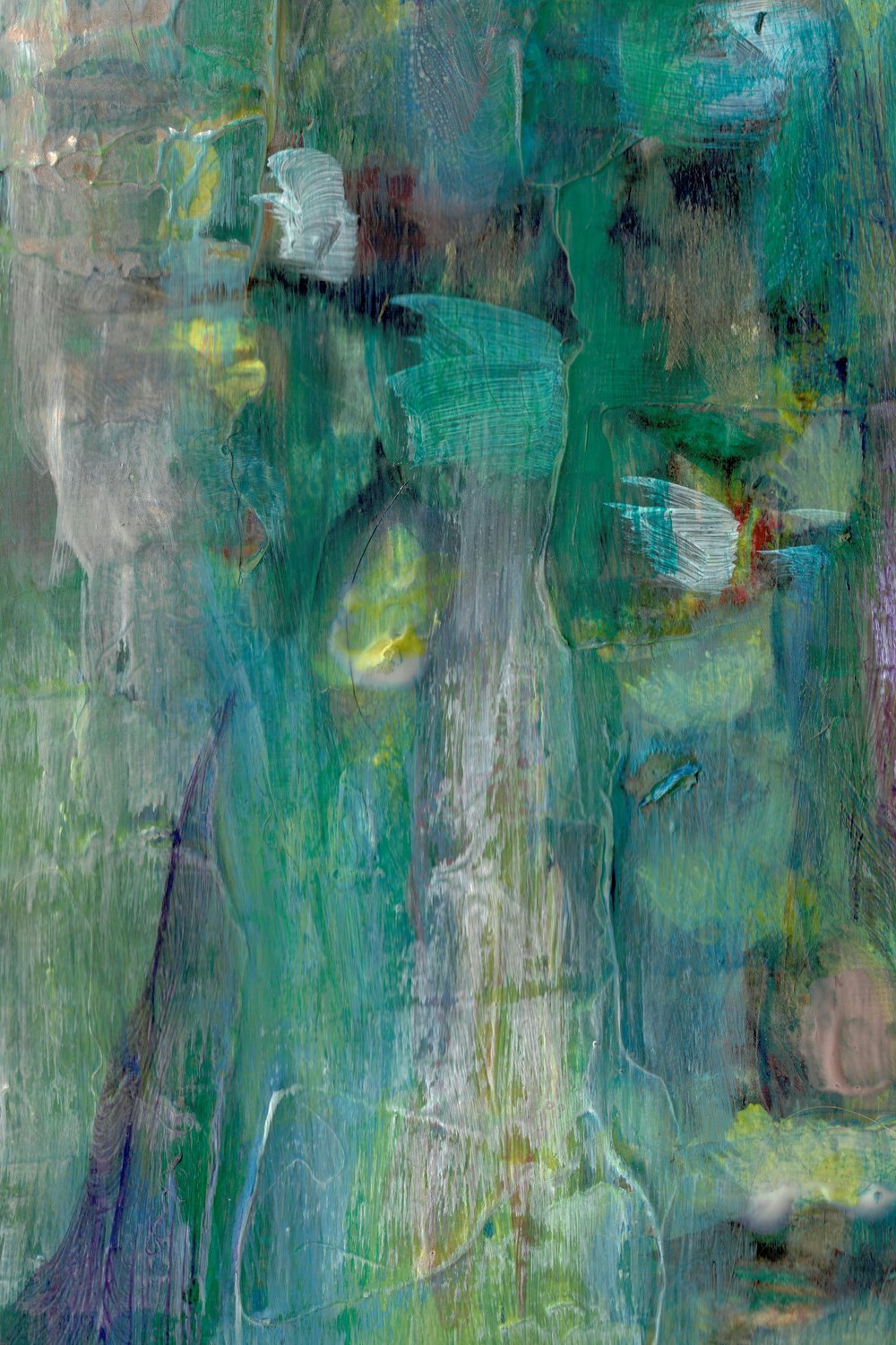 Atmospheric abstract painting in deep green and teal tones